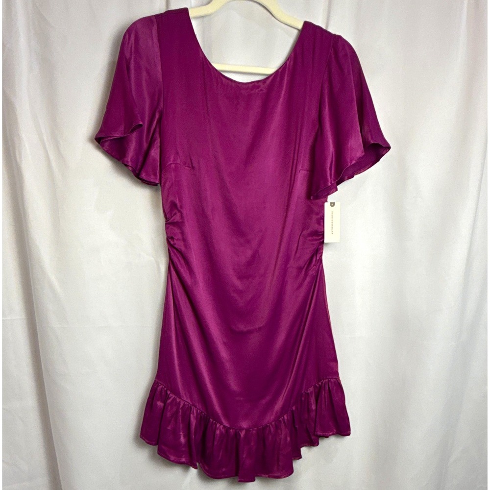 Anthropologie Violet Satin Silk Mini Dress Ruffle Hem Scoop Neck Zip 2 has flaw